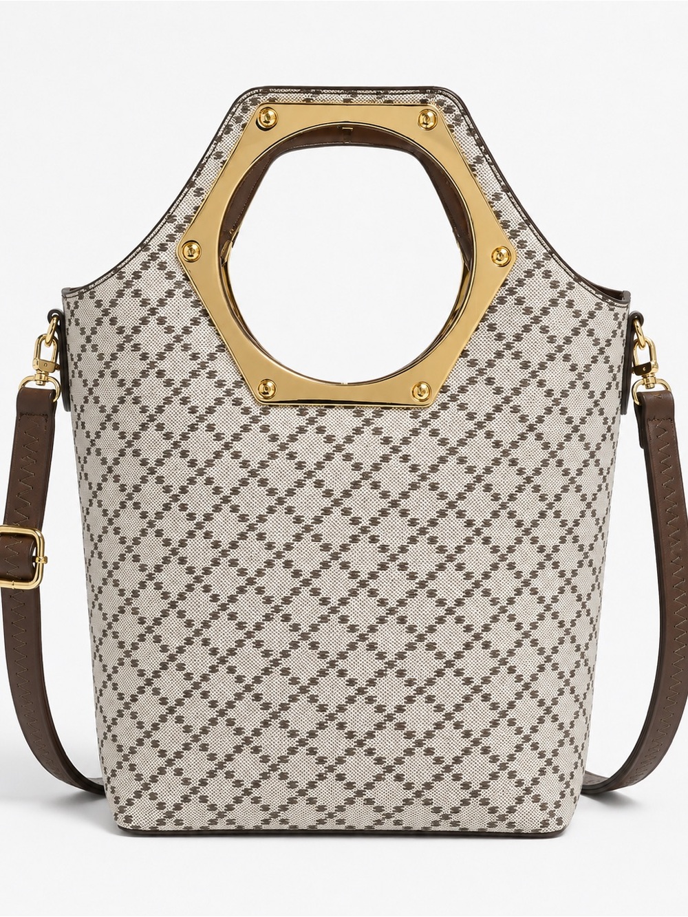 Statement-making geometric print handbag featuring oversized gold-tone handbag